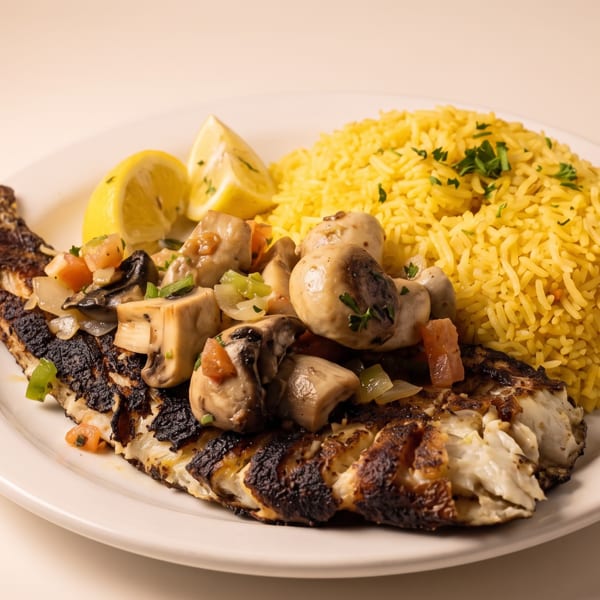 Grilled whole fish topped with mushrooms, served with yellow rice and lemon wedges on a white plate.