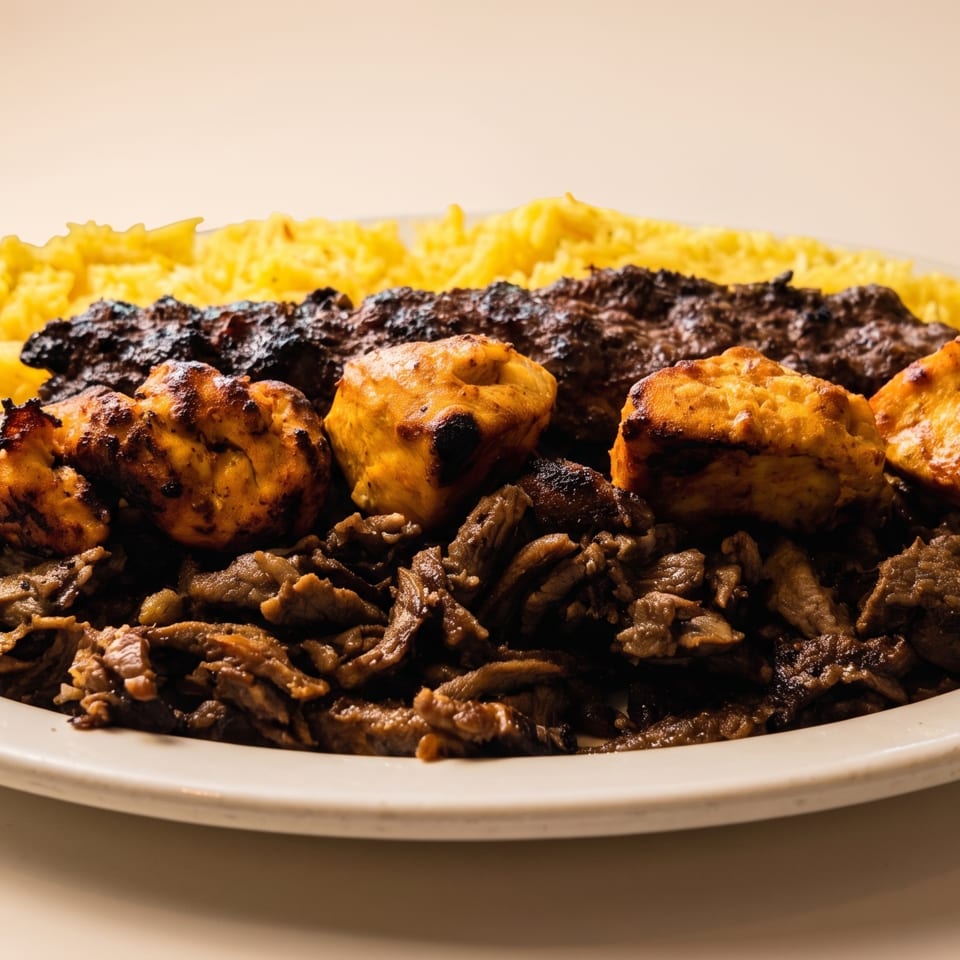Plate of yellow rice, grilled chicken, ground meat kabob, and sliced meat.