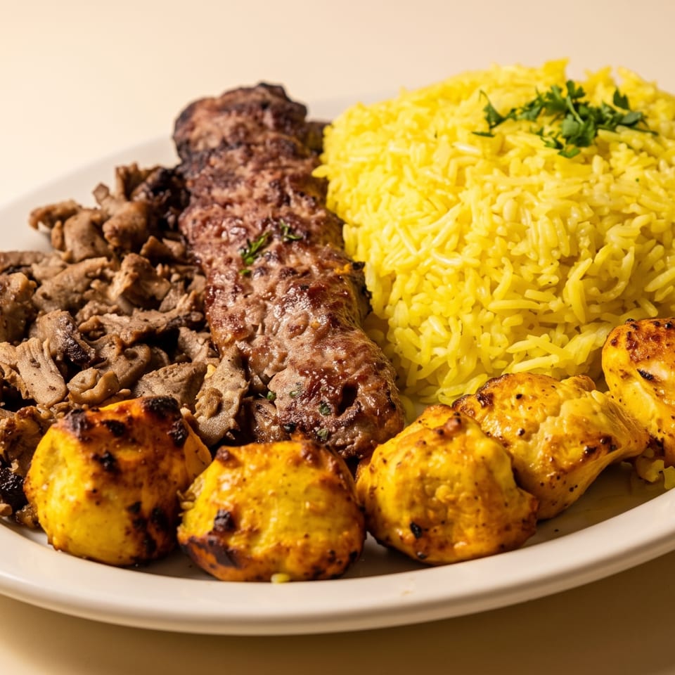 Plate with yellow rice, a long kebab, chopped meat, and grilled chicken pieces.