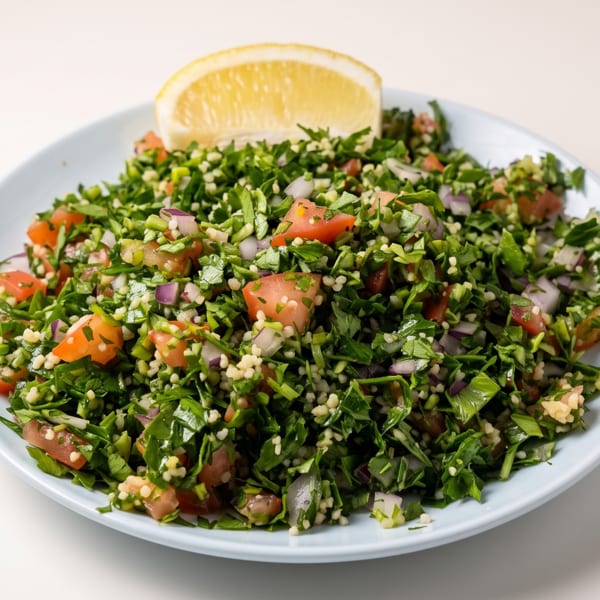 A vibrant tabbouleh salad with fresh parsley, tomatoes, and bulgur, garnished with a lemon wedge.