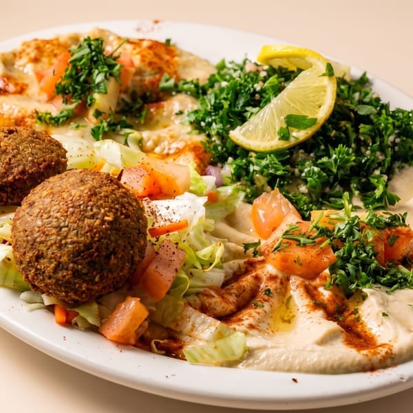 A white plate with falafel, hummus, tabbouleh, salad, and pita bread, garnished with lemon and parsley.