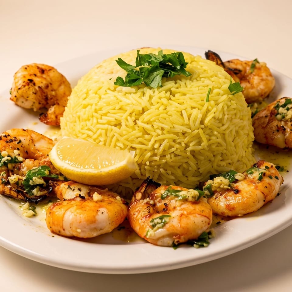 Grilled shrimp and yellow rice with lemon and parsley on a white plate.