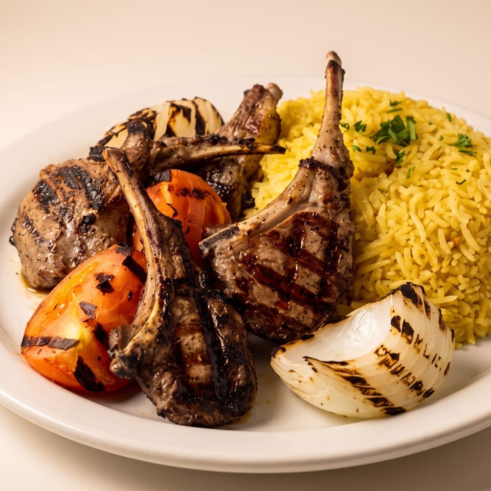 Grilled lamb chops, yellow rice, grilled tomatoes, and onion on a white plate.