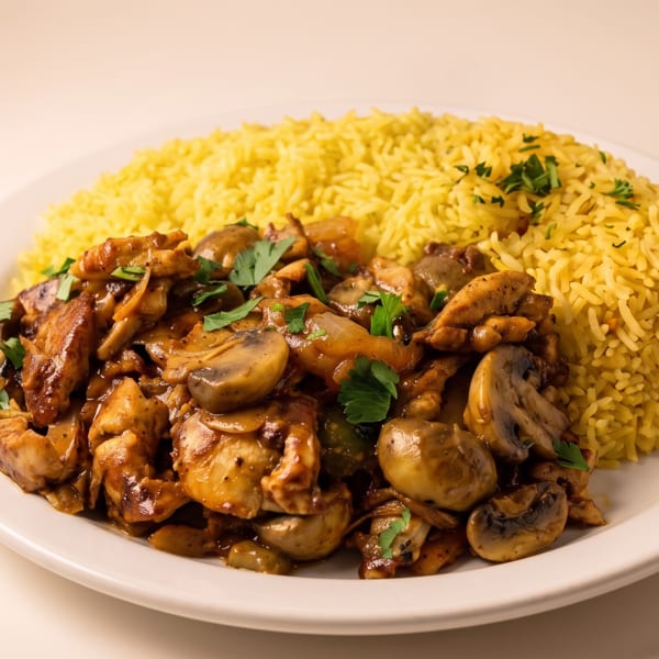 Plate of chicken and mushrooms in a rich sauce with yellow rice, garnished with parsley.