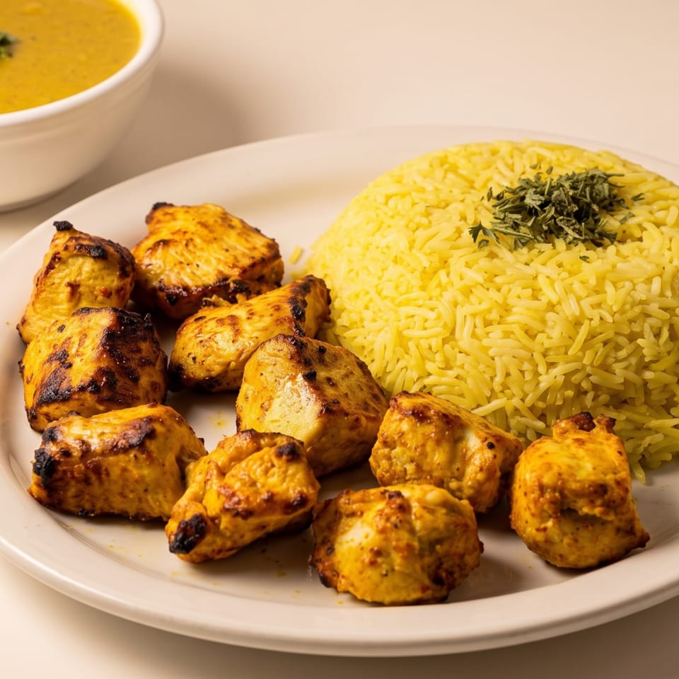 Plate of charred grilled chicken pieces, yellow rice, and a bowl of golden soup.