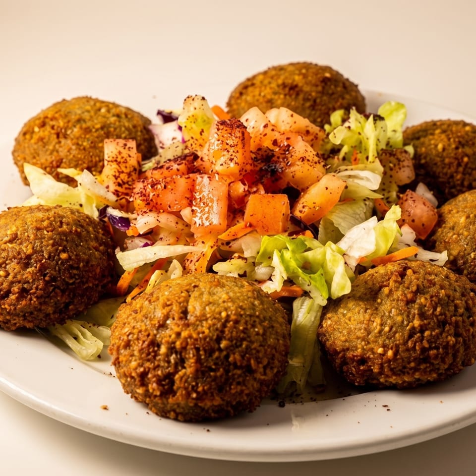 Plate of crispy falafel balls surrounding a fresh salad with diced tomatoes and lettuce.